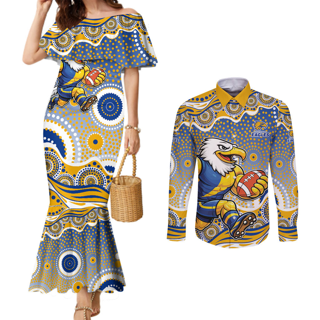 West Coast Eagles Couples Matching Mermaid Dress and Long Sleeve Button Shirt Aboriginal Dot Pattern - Football Mascot Heritage Pride