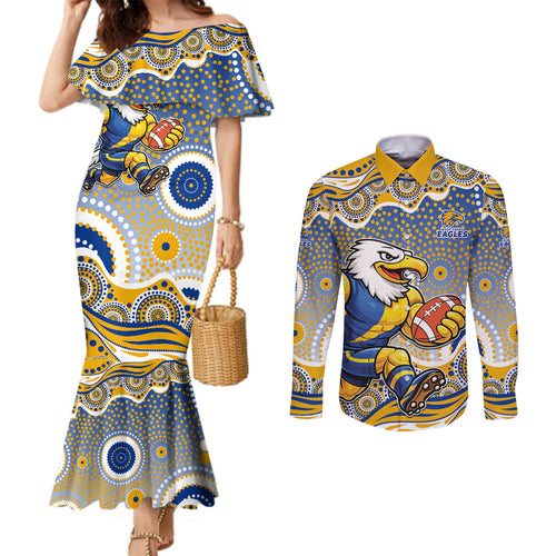 West Coast Eagles Couples Matching Mermaid Dress and Long Sleeve Button Shirt Aboriginal Dot Pattern - Football Mascot Heritage Pride