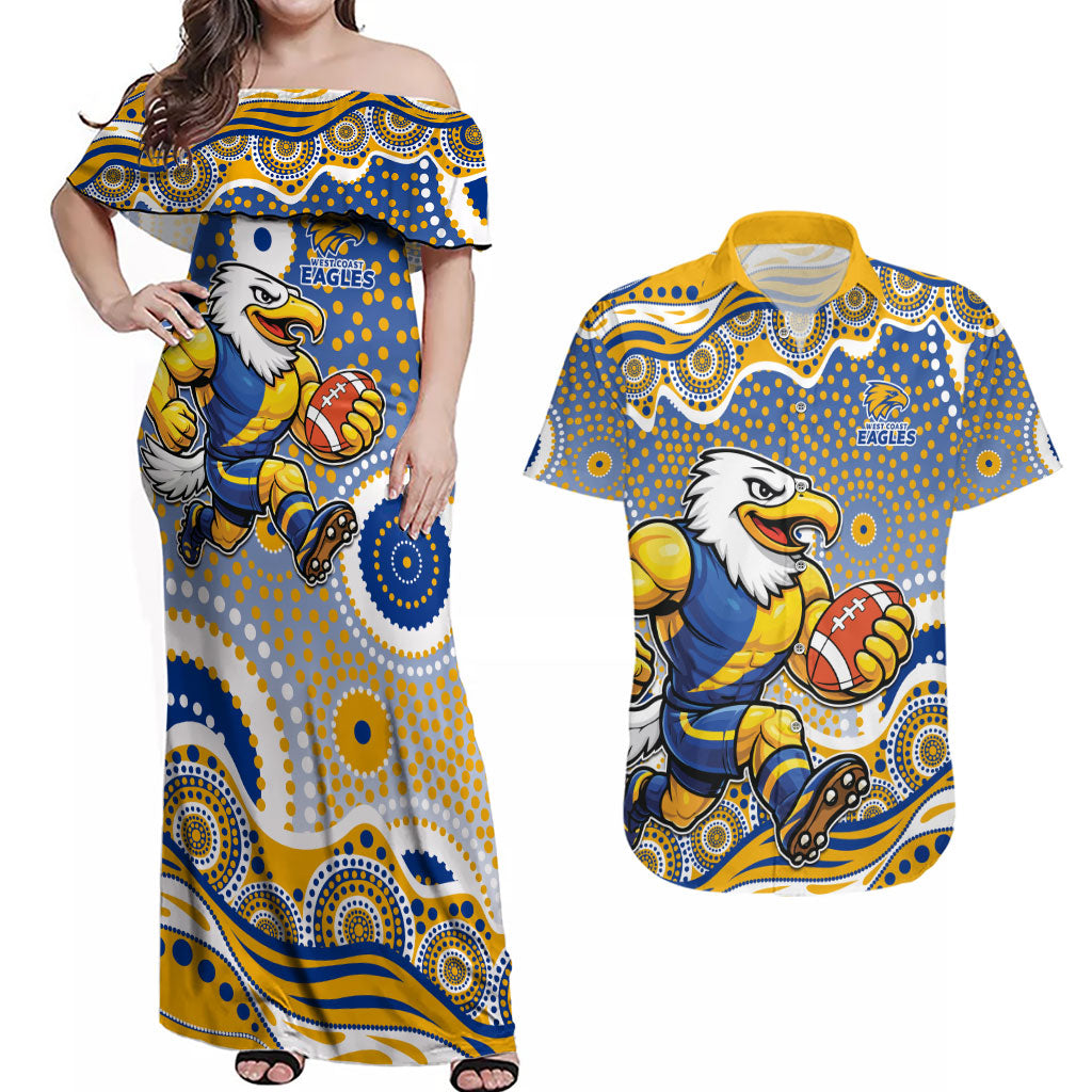 West Coast Eagles Couples Matching Off Shoulder Maxi Dress and Hawaiian Shirt Aboriginal Dot Pattern - Football Mascot Heritage Pride