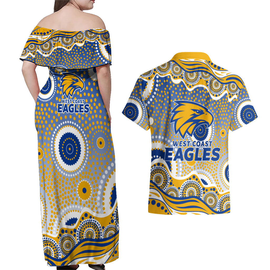 West Coast Eagles Couples Matching Off Shoulder Maxi Dress and Hawaiian Shirt Aboriginal Dot Pattern - Football Mascot Heritage Pride