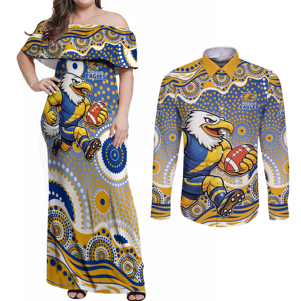West Coast Eagles Couples Matching Off Shoulder Maxi Dress and Long Sleeve Button Shirt Aboriginal Dot Pattern - Football Mascot Heritage Pride