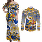 West Coast Eagles Couples Matching Off Shoulder Maxi Dress and Long Sleeve Button Shirt Aboriginal Dot Pattern - Football Mascot Heritage Pride