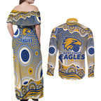 West Coast Eagles Couples Matching Off Shoulder Maxi Dress and Long Sleeve Button Shirt Aboriginal Dot Pattern - Football Mascot Heritage Pride