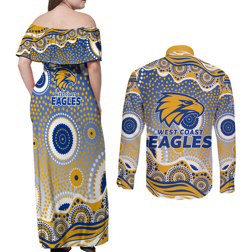 West Coast Eagles Couples Matching Off Shoulder Maxi Dress and Long Sleeve Button Shirt Aboriginal Dot Pattern - Football Mascot Heritage Pride