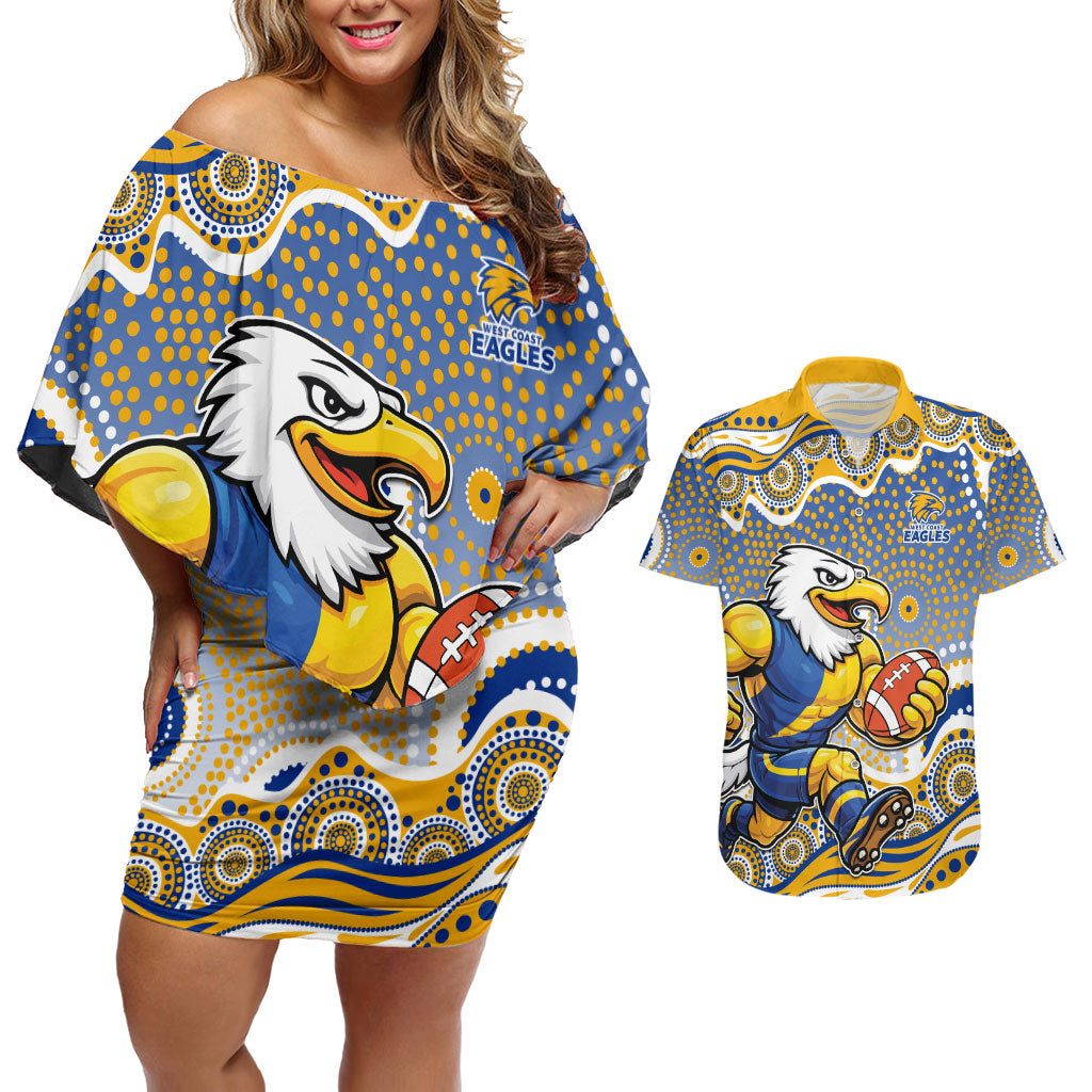 West Coast Eagles Couples Matching Off Shoulder Short Dress and Hawaiian Shirt Aboriginal Dot Pattern - Football Mascot Heritage Pride