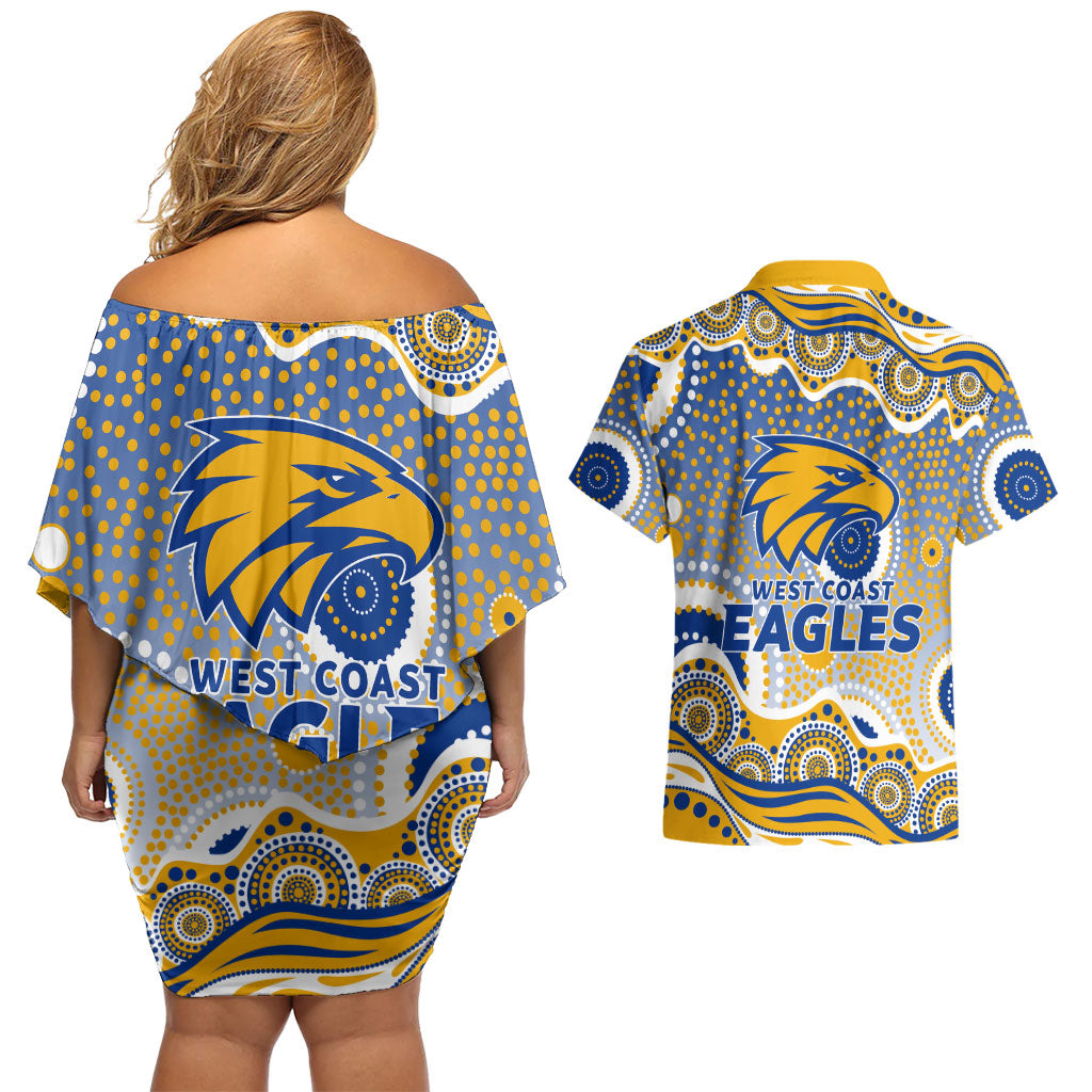 West Coast Eagles Couples Matching Off Shoulder Short Dress and Hawaiian Shirt Aboriginal Dot Pattern - Football Mascot Heritage Pride