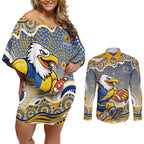 West Coast Eagles Couples Matching Off Shoulder Short Dress and Long Sleeve Button Shirt Aboriginal Dot Pattern - Football Mascot Heritage Pride