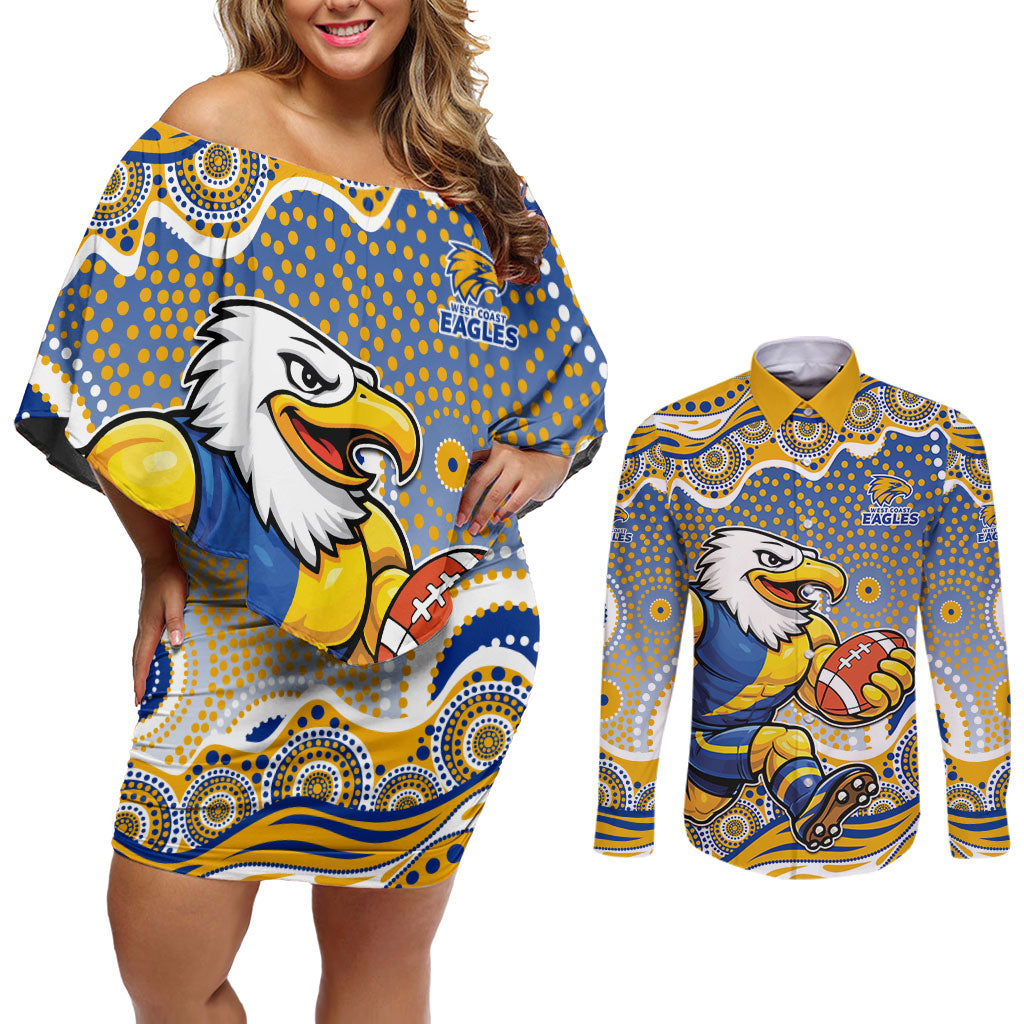 West Coast Eagles Couples Matching Off Shoulder Short Dress and Long Sleeve Button Shirt Aboriginal Dot Pattern - Football Mascot Heritage Pride