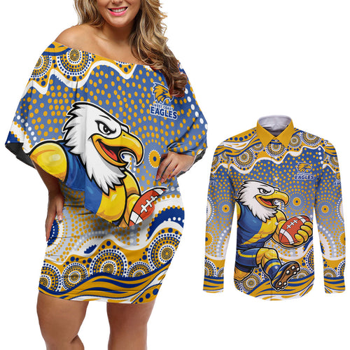 West Coast Eagles Couples Matching Off Shoulder Short Dress and Long Sleeve Button Shirt Aboriginal Dot Pattern - Football Mascot Heritage Pride
