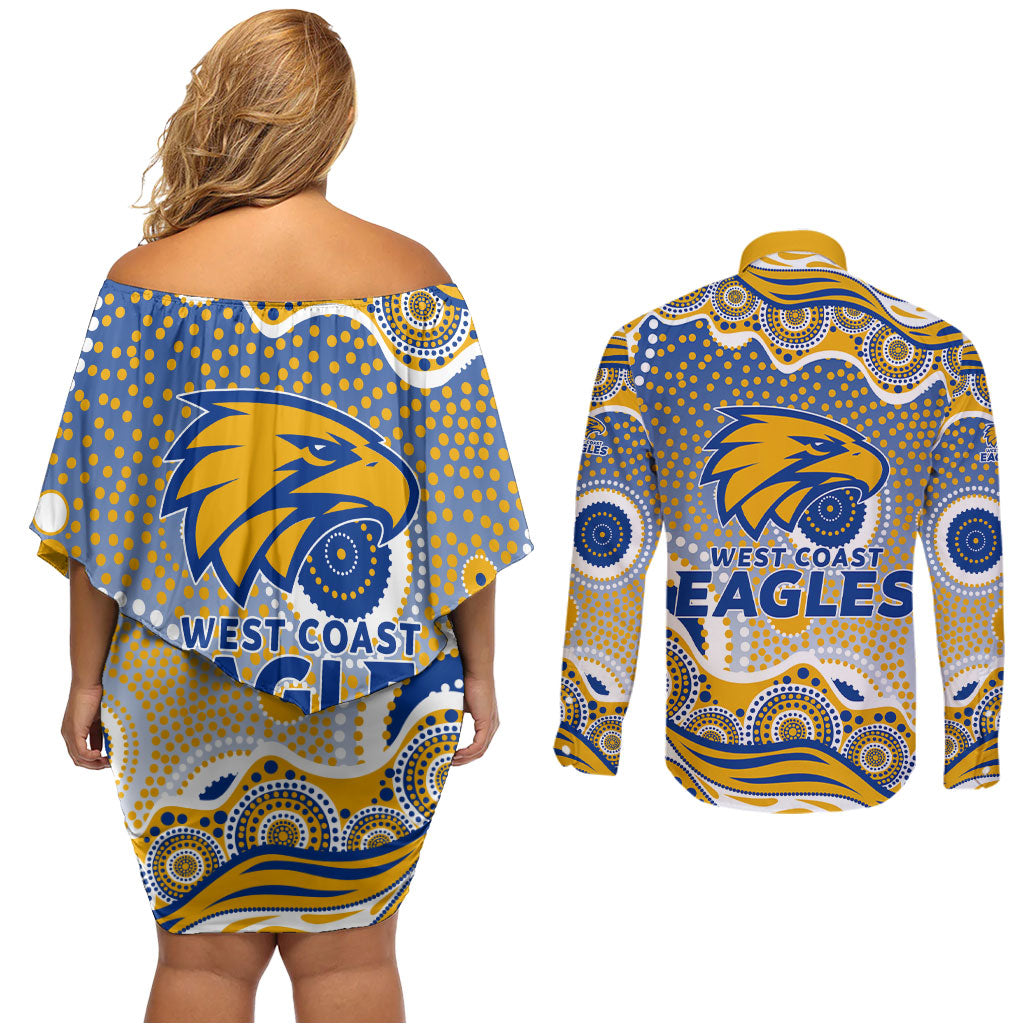 West Coast Eagles Couples Matching Off Shoulder Short Dress and Long Sleeve Button Shirt Aboriginal Dot Pattern - Football Mascot Heritage Pride