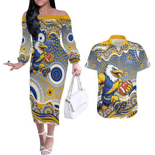 West Coast Eagles Couples Matching Off The Shoulder Long Sleeve Dress and Hawaiian Shirt Aboriginal Dot Pattern - Football Mascot Heritage Pride