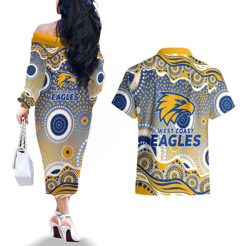 West Coast Eagles Couples Matching Off The Shoulder Long Sleeve Dress and Hawaiian Shirt Aboriginal Dot Pattern - Football Mascot Heritage Pride