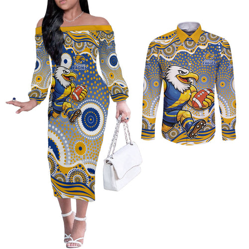 West Coast Eagles Couples Matching Off The Shoulder Long Sleeve Dress and Long Sleeve Button Shirt Aboriginal Dot Pattern - Football Mascot Heritage Pride