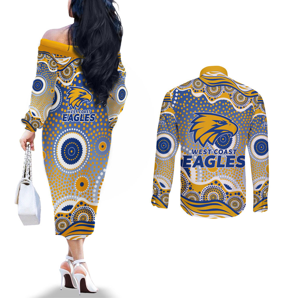 West Coast Eagles Couples Matching Off The Shoulder Long Sleeve Dress and Long Sleeve Button Shirt Aboriginal Dot Pattern - Football Mascot Heritage Pride