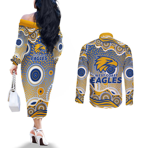 West Coast Eagles Couples Matching Off The Shoulder Long Sleeve Dress and Long Sleeve Button Shirt Aboriginal Dot Pattern - Football Mascot Heritage Pride