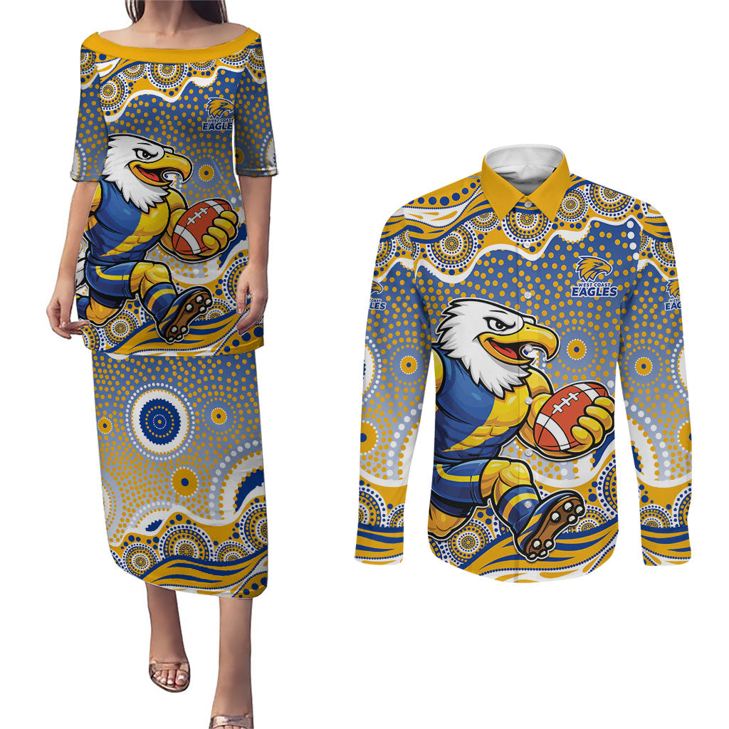 West Coast Eagles Couples Matching Puletasi and Long Sleeve Button Shirt Aboriginal Dot Pattern - Football Mascot Heritage Pride