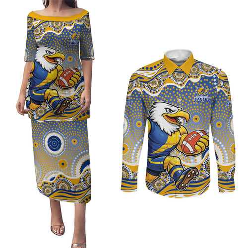West Coast Eagles Couples Matching Puletasi and Long Sleeve Button Shirt Aboriginal Dot Pattern - Football Mascot Heritage Pride