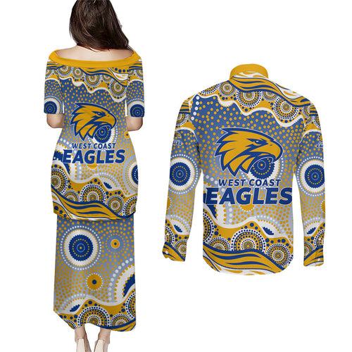 West Coast Eagles Couples Matching Puletasi and Long Sleeve Button Shirt Aboriginal Dot Pattern - Football Mascot Heritage Pride