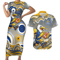 West Coast Eagles Couples Matching Short Sleeve Bodycon Dress and Hawaiian Shirt Aboriginal Dot Pattern - Football Mascot Heritage Pride