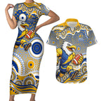 West Coast Eagles Couples Matching Short Sleeve Bodycon Dress and Hawaiian Shirt Aboriginal Dot Pattern - Football Mascot Heritage Pride