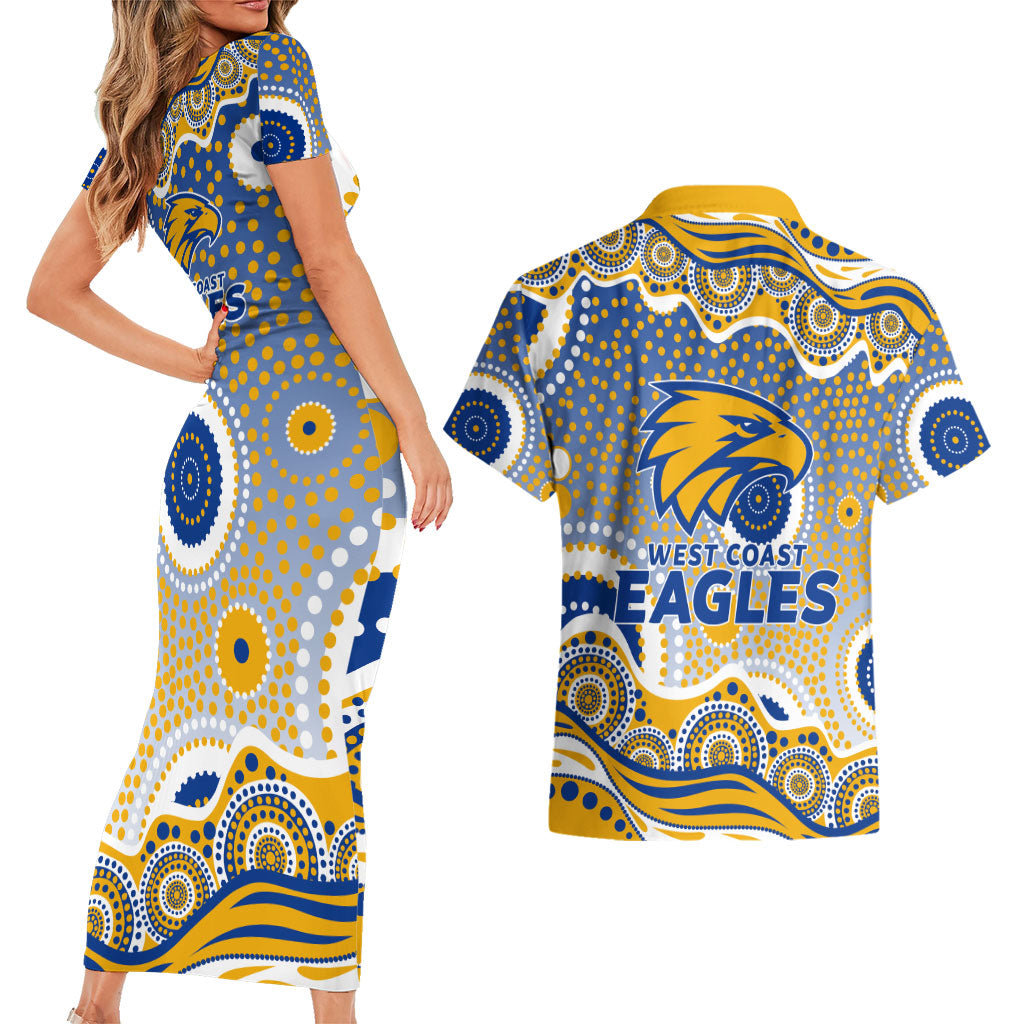 West Coast Eagles Couples Matching Short Sleeve Bodycon Dress and Hawaiian Shirt Aboriginal Dot Pattern - Football Mascot Heritage Pride