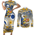 West Coast Eagles Couples Matching Short Sleeve Bodycon Dress and Long Sleeve Button Shirt Aboriginal Dot Pattern - Football Mascot Heritage Pride