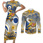 West Coast Eagles Couples Matching Short Sleeve Bodycon Dress and Long Sleeve Button Shirt Aboriginal Dot Pattern - Football Mascot Heritage Pride