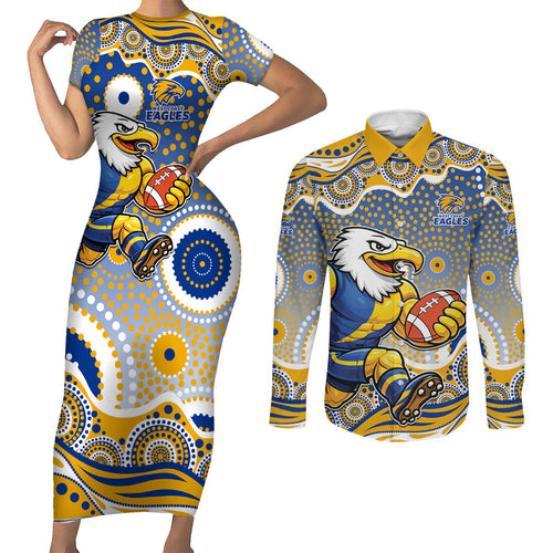 West Coast Eagles Couples Matching Short Sleeve Bodycon Dress and Long Sleeve Button Shirt Aboriginal Dot Pattern - Football Mascot Heritage Pride