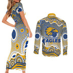West Coast Eagles Couples Matching Short Sleeve Bodycon Dress and Long Sleeve Button Shirt Aboriginal Dot Pattern - Football Mascot Heritage Pride