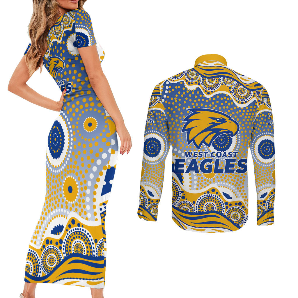 West Coast Eagles Couples Matching Short Sleeve Bodycon Dress and Long Sleeve Button Shirt Aboriginal Dot Pattern - Football Mascot Heritage Pride