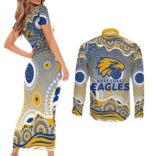 West Coast Eagles Couples Matching Short Sleeve Bodycon Dress and Long Sleeve Button Shirt Aboriginal Dot Pattern - Football Mascot Heritage Pride
