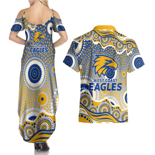 West Coast Eagles Couples Matching Summer Maxi Dress and Hawaiian Shirt Aboriginal Dot Pattern - Football Mascot Heritage Pride