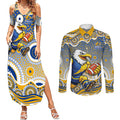 West Coast Eagles Couples Matching Summer Maxi Dress and Long Sleeve Button Shirt Aboriginal Dot Pattern - Football Mascot Heritage Pride
