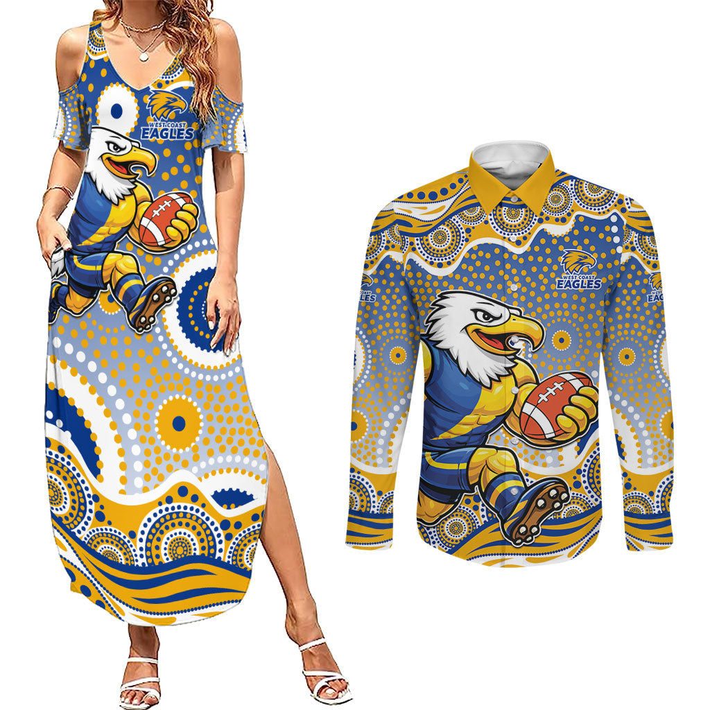 West Coast Eagles Couples Matching Summer Maxi Dress and Long Sleeve Button Shirt Aboriginal Dot Pattern - Football Mascot Heritage Pride