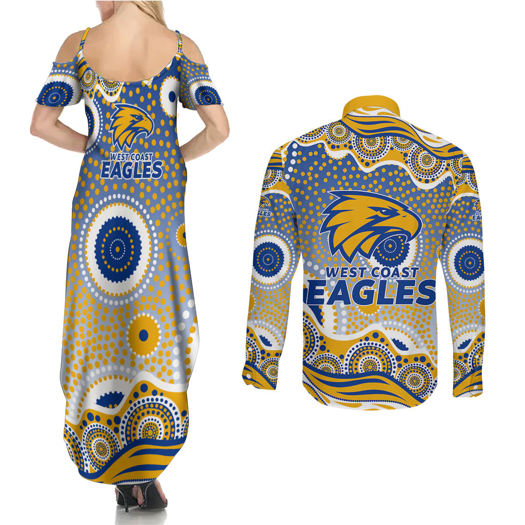 West Coast Eagles Couples Matching Summer Maxi Dress and Long Sleeve Button Shirt Aboriginal Dot Pattern - Football Mascot Heritage Pride