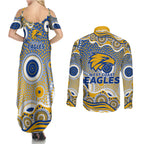 West Coast Eagles Couples Matching Summer Maxi Dress and Long Sleeve Button Shirt Aboriginal Dot Pattern - Football Mascot Heritage Pride