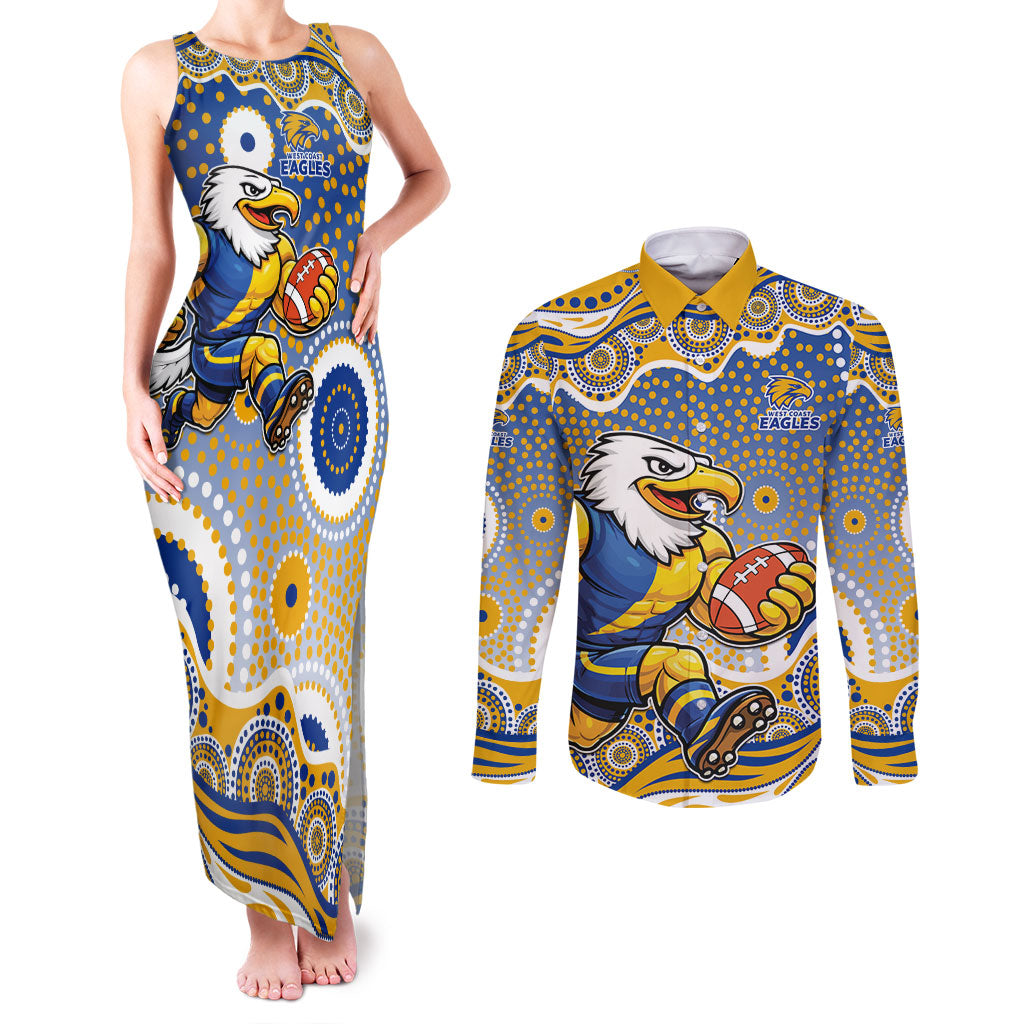 West Coast Eagles Couples Matching Tank Maxi Dress and Long Sleeve Button Shirt Aboriginal Dot Pattern - Football Mascot Heritage Pride