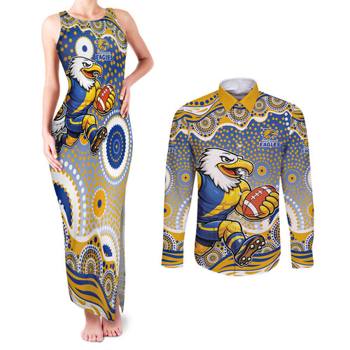 West Coast Eagles Couples Matching Tank Maxi Dress and Long Sleeve Button Shirt Aboriginal Dot Pattern - Football Mascot Heritage Pride