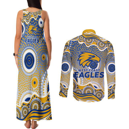 West Coast Eagles Couples Matching Tank Maxi Dress and Long Sleeve Button Shirt Aboriginal Dot Pattern - Football Mascot Heritage Pride