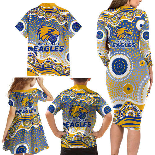 West Coast Eagles Family Matching Long Sleeve Bodycon Dress and Hawaiian Shirt Aboriginal Dot Pattern - Football Mascot Heritage Pride