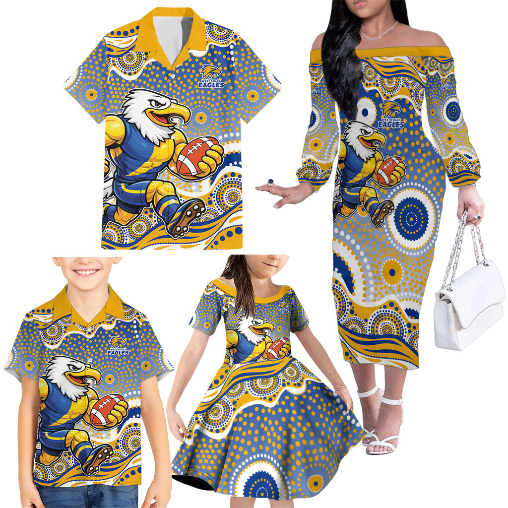 West Coast Eagles Family Matching Off The Shoulder Long Sleeve Dress and Hawaiian Shirt Aboriginal Dot Pattern - Football Mascot Heritage Pride