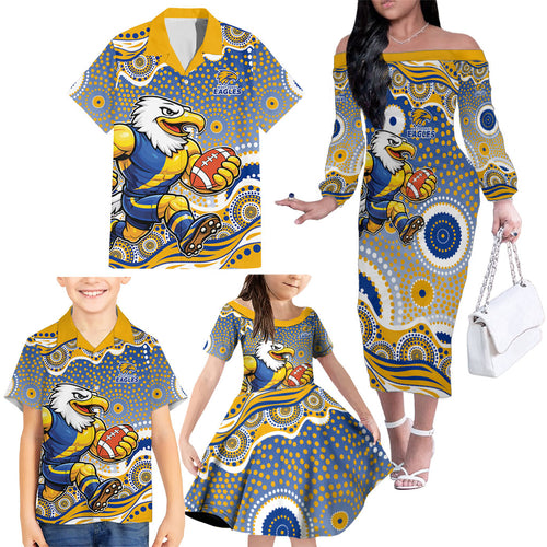 West Coast Eagles Family Matching Off The Shoulder Long Sleeve Dress and Hawaiian Shirt Aboriginal Dot Pattern - Football Mascot Heritage Pride