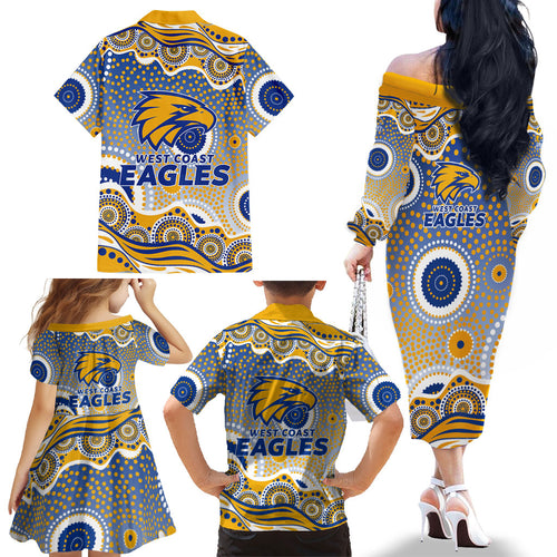West Coast Eagles Family Matching Off The Shoulder Long Sleeve Dress and Hawaiian Shirt Aboriginal Dot Pattern - Football Mascot Heritage Pride