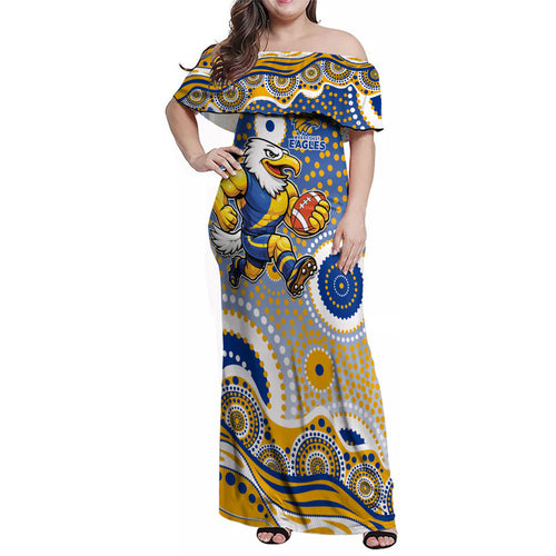 West Coast Eagles Family Matching Off Shoulder Maxi Dress and Hawaiian Shirt Aboriginal Dot Pattern - Football Mascot Heritage Pride