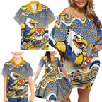 West Coast Eagles Family Matching Off Shoulder Short Dress and Hawaiian Shirt Aboriginal Dot Pattern - Football Mascot Heritage Pride