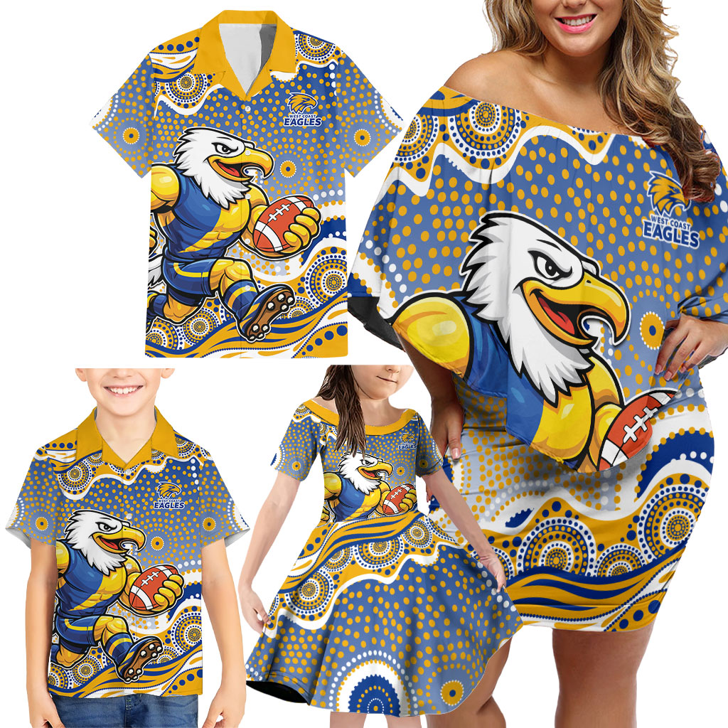 West Coast Eagles Family Matching Off Shoulder Short Dress and Hawaiian Shirt Aboriginal Dot Pattern - Football Mascot Heritage Pride