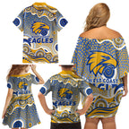 West Coast Eagles Family Matching Off Shoulder Short Dress and Hawaiian Shirt Aboriginal Dot Pattern - Football Mascot Heritage Pride