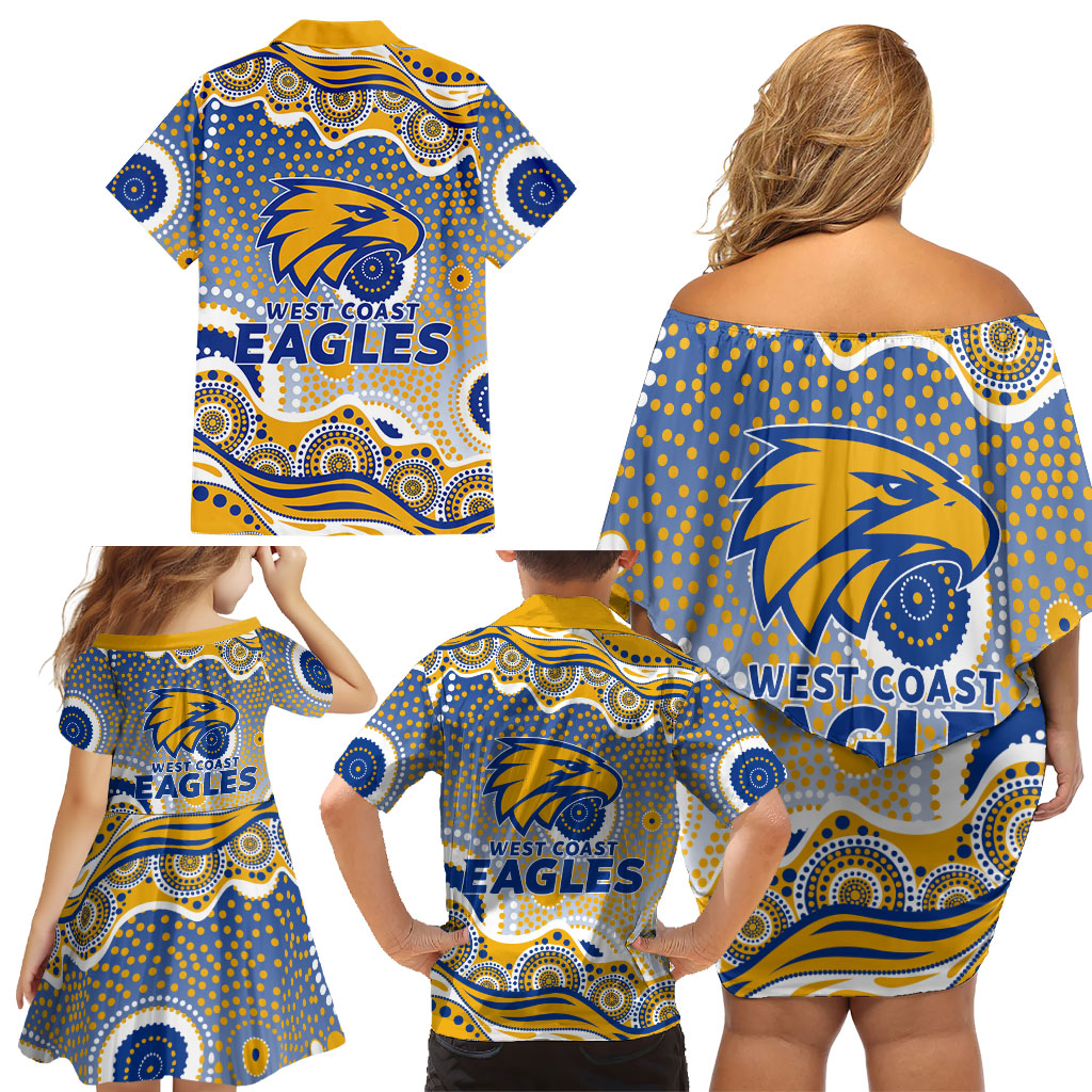 West Coast Eagles Family Matching Off Shoulder Short Dress and Hawaiian Shirt Aboriginal Dot Pattern - Football Mascot Heritage Pride
