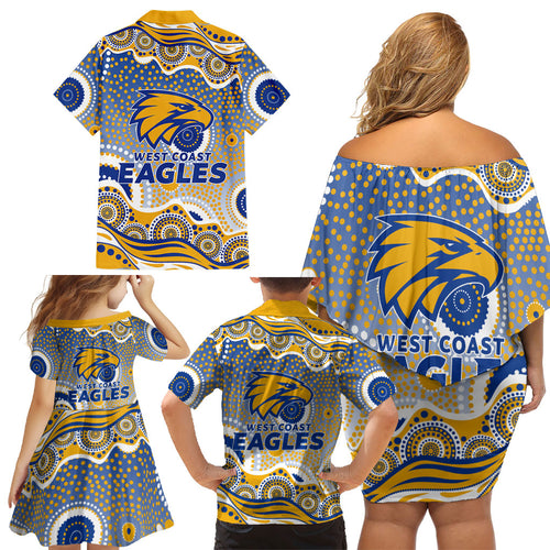 West Coast Eagles Family Matching Off Shoulder Short Dress and Hawaiian Shirt Aboriginal Dot Pattern - Football Mascot Heritage Pride