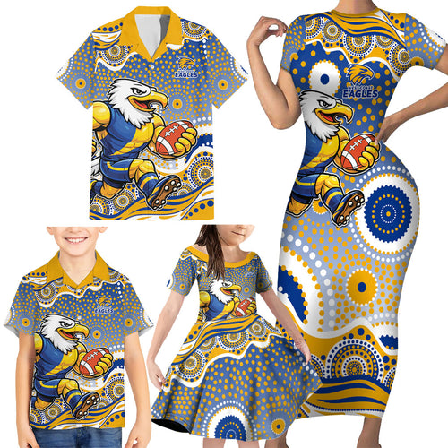 West Coast Eagles Family Matching Short Sleeve Bodycon Dress and Hawaiian Shirt Aboriginal Dot Pattern - Football Mascot Heritage Pride